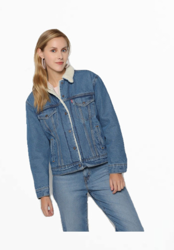 Chamarra Levis Con Borrega Sherpa Azul Medio Mujer