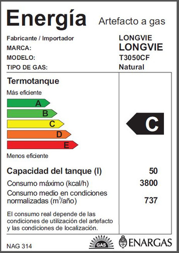 Imagen 2 de 6 de Termotanque A Gas Longvie 50 Litros De Colgar T3050cf