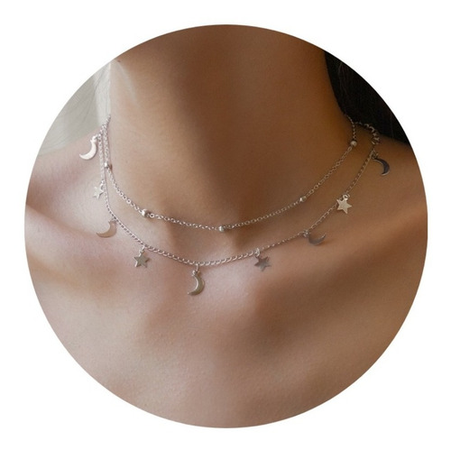 Colar De Prata Feminino Delicado Luxo Cordão Moderno Luas Es