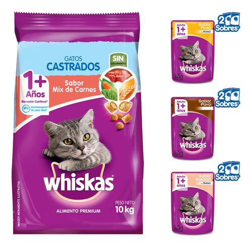 Imagen 1 de 10 de Whiskas Combo Gatos Castrados Alimento 10kg + Sobres 6u