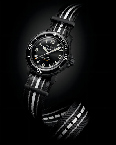 Reloj Swatch Blancpain Scuba Fifty Fathoms, correa negra Ocean Storms, bisel negro, fondo negro
