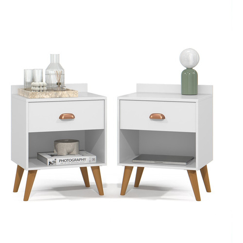 Mesa Criado 2 Bide Perola Conjunto Casal C/ Cabeceira Suede Brilhante Bege 1.40 / Branco