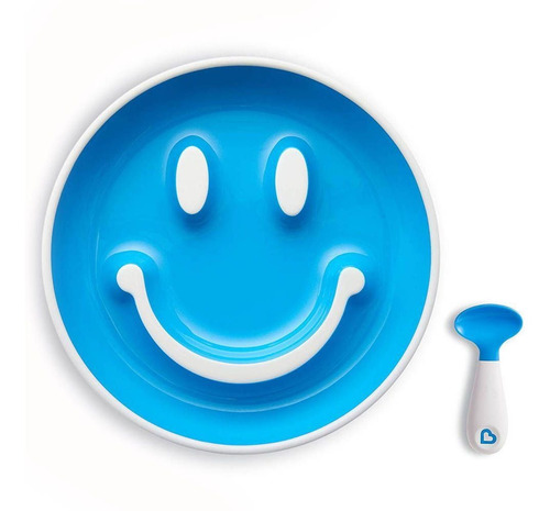 Plato de entrenamiento Smile con ventosa y cuchara azul - Munchkin
