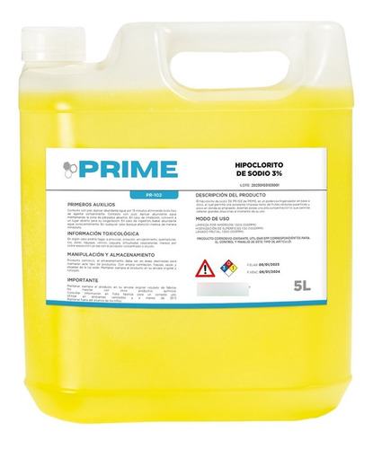 Imagen 1 de 2 de Hipoclorito De Sodio (cloro) 3% Prime 5 Lts.
