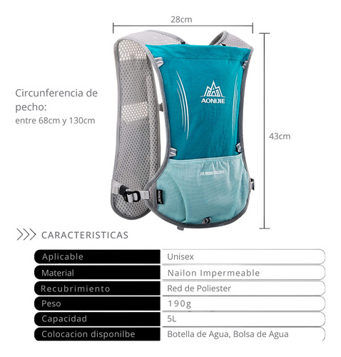 Chaleco Hidratacion Mochila Running Trekking Aonijie 5 Lts Color Verde Agua