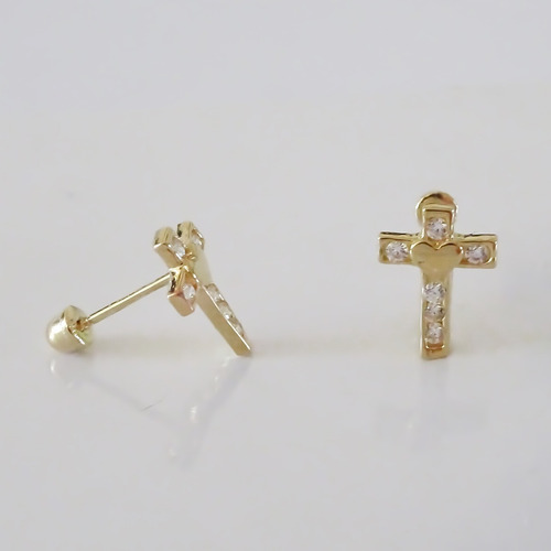 Amor Eterno - Broquel Aretes Cruz Corazón Diamante / Oro 10k