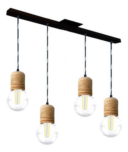 Lampara Colgante 4 Luces Madera Cilindro Diseño Moderno 