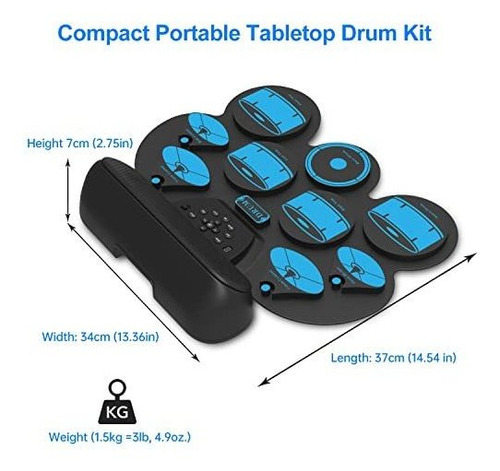 Bateria Electronica Para Niños De Silicona Con Pedal Baqueta Negro Con Azul