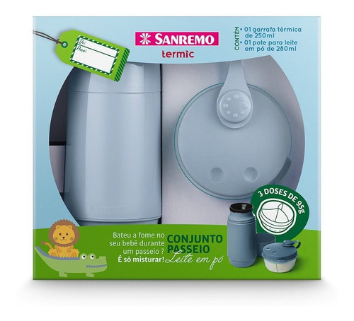 Conjunto Garrafa Térmica 250 Ml Azul + Pote Para Leite Em Pó