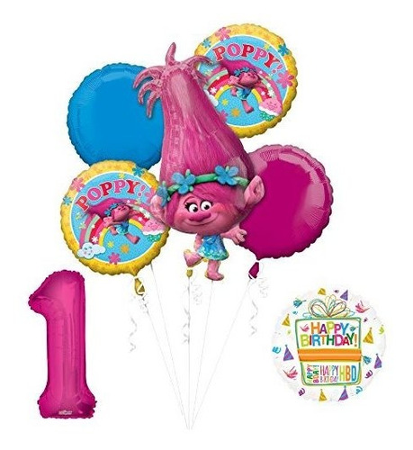 Decoración Fiesta 1er Cumpleaños Poppy Trolls Con Globos