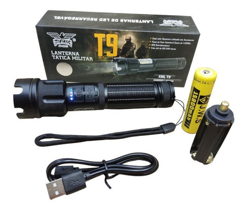 Lanterna Tática Militar T9 C/ Usb Ultra Potente Muito Forte Cor da lanterna Preto Cor da luz Branco