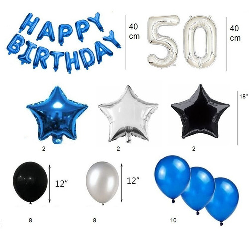 Combo Globos Feliz Cumple Happy Birthdat Azul Blanco Negro