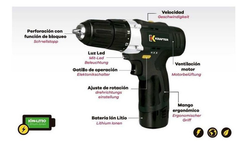 Taladro Inalámbrico Krafter 2 Velocidades 10,8v Ion Litio
