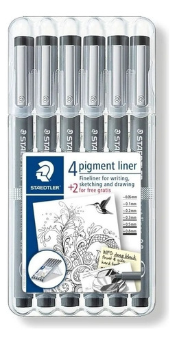 Bolígrafo Staedtler Pigment Liner, 4 bolígrafos y 2 tintas negras exteriores negras