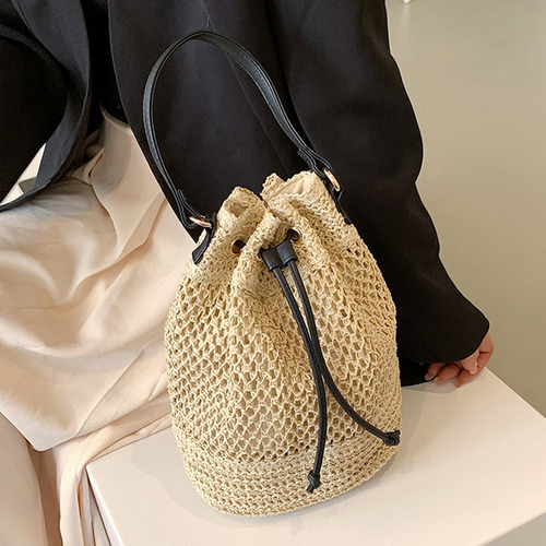 Bolso Tipo Bombonera De Paja De Verano Con Cordón A La Moda,