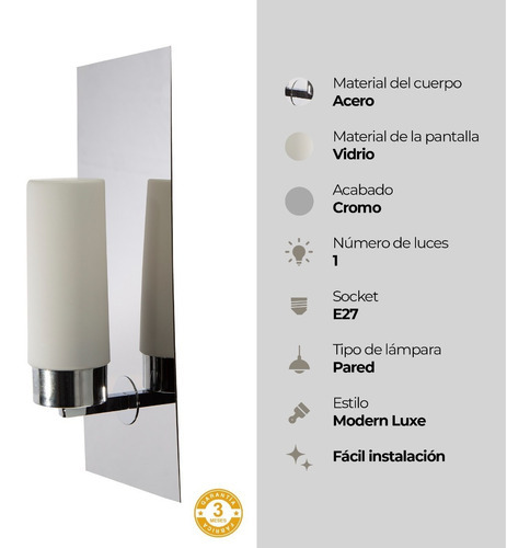 Lámpara De Pared Cromo E27 60w 1 Luz