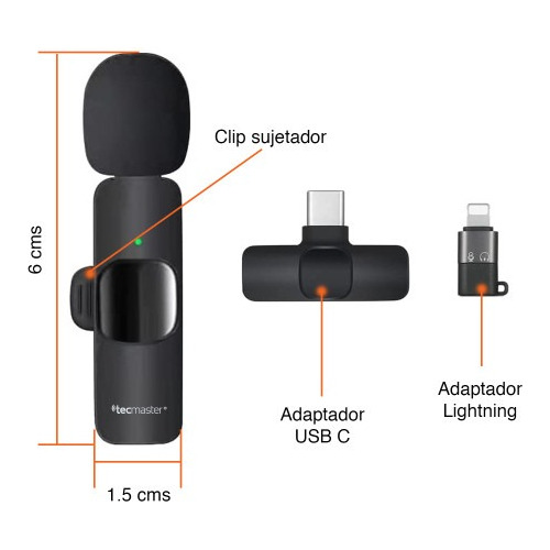 Micrófono Lavalier Inalámbrico Usb C Y Lightning Tecmaster