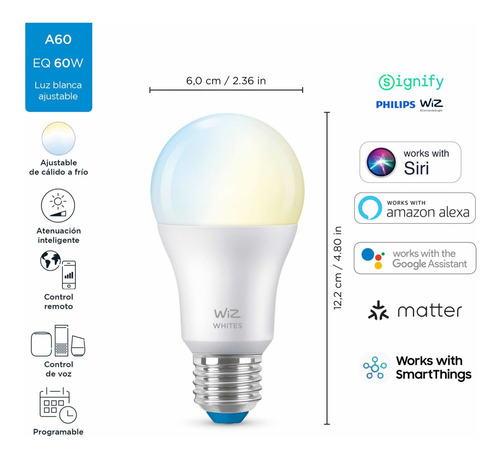 Imagen 4 de 9 de Pack 2 Amp Wiz Tonos Blancos Calidos A Frio Matter Ble Wi-fi