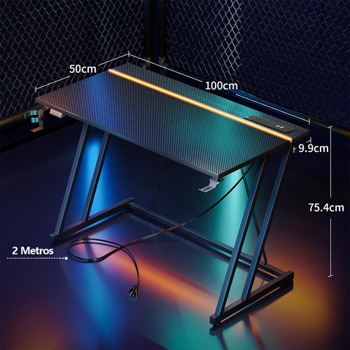 FURRIFIC Escritorio Gamer Ajustable RGB LED 100x50cm Base Z Estable con 2 Enchufes + 2 USB, Portavasos y Soporte Auriculares | Mesa PC Gaming