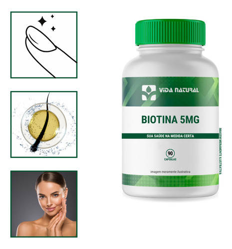 Biotina Vida Natural 5mg 90 Cápsulas Fortalecimento De Cabelos Unhas E Saúde Da Pele