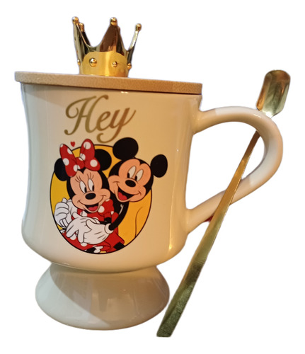 Tazon Mug Disney Con Tapa De Corona + Cuchara Minnie Mickey 