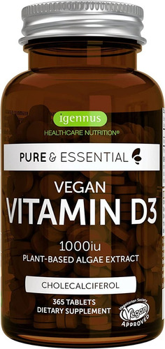 Vit D 3 , 1000 Iu , 365 Tabletas, Vegan , Pure&essential