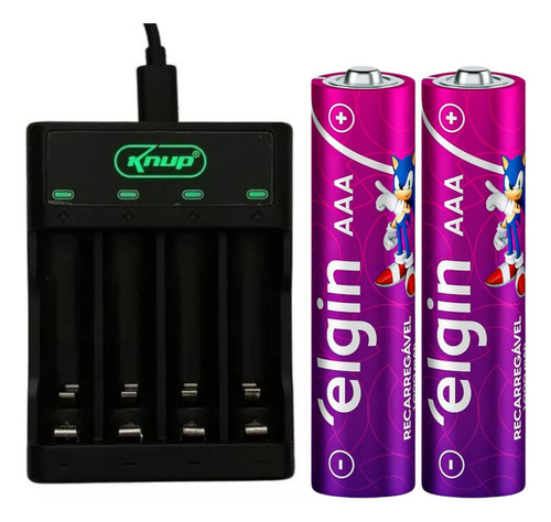 Carregador Pilha Aa/aaa Type-c + 2 Pilhas Aaa 900 Mah Elgin 110v/220v