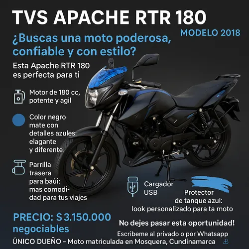 Tvs Apache Rtr 180 Modelo 2018 Negro Mate Motor De 180 C