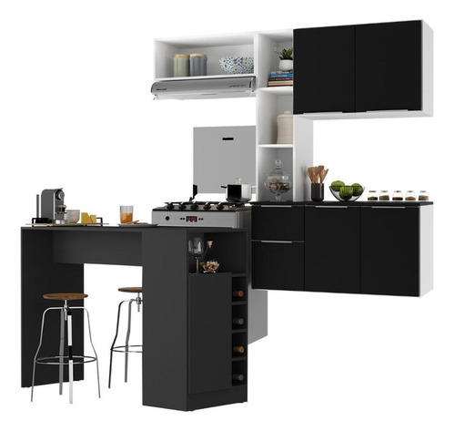 Cozinha Compacta/bancada Americana Sofia Multimóveis Mp2196 Cor Branco/Preto