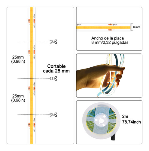 Tira De Luz Led Cob Flexible Tira Led Interior Luz Calida 2m