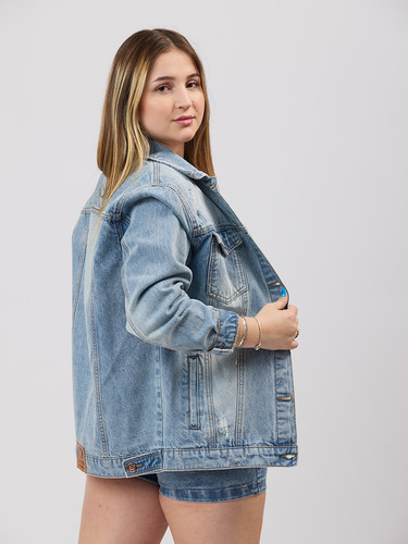 Campera Jean Oversize Celeste Con Roturas - Lou Jeans