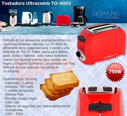Tostadora Ultracomb To 4005 Pan Lactal 750w 7 Niveles Roja