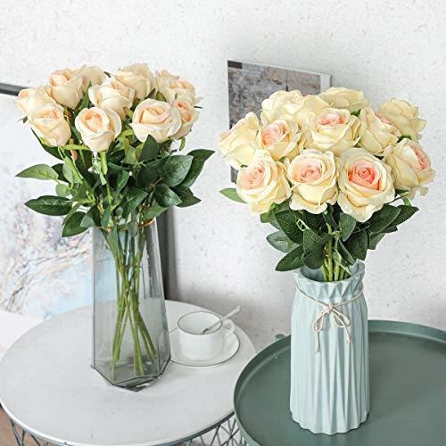 12 Rosas De Seda Artificiales Con Tallo Largo - Champagne