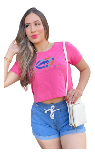 Blusa Cropped Rosa Ecko Feminina Logo Glitter Camiseta