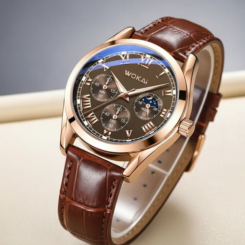 Relógio Masculino Wokai de Pulso Analógico Quartzo com Pulseira Marrom e Bisel Rose Gold