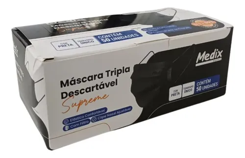 Máscara Descartável Tripla Medix Supreme Camada Preta Com 50