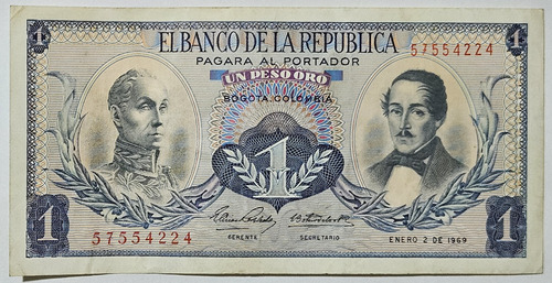 Billete 1 Peso 02/ene/1969 Colombia Vf-xf