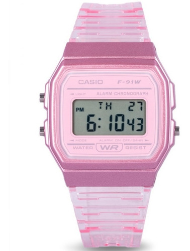 Reloj Casio F 91ws 4d Correa Resina Rosa Transparente