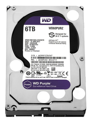 Imagen 1 de 1 de Disco Duro Hdd Wd Purple 6tb 3.5 Wd60purz-85zufy1