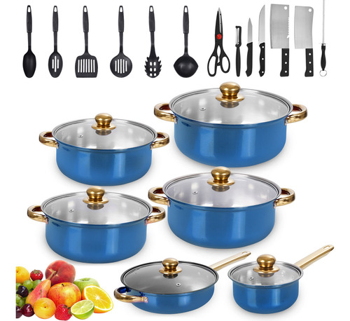Batería De Cocina 26 Piezas Aluminio Antiadherente Con Azul