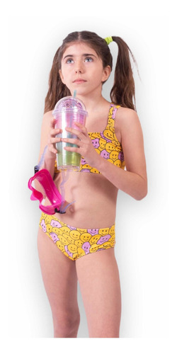 Malla Bikini Cali Niña Uv Upf50+ Top Tiras + Bombi Emoji Env
