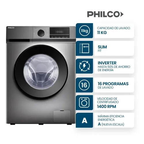 Lavarropas Philco 11 Kg Carga Frontal Inverter Grey Silver