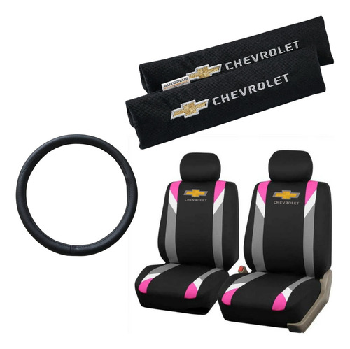 Funda Tela Gris Rosa Y Cubre Cinto Chevrolet + Cubre Volante