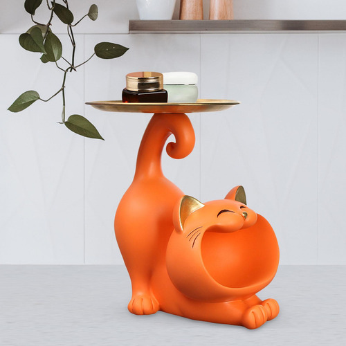 Bandeja De Joyería Decorativa Con Estatua De Gato Naranja