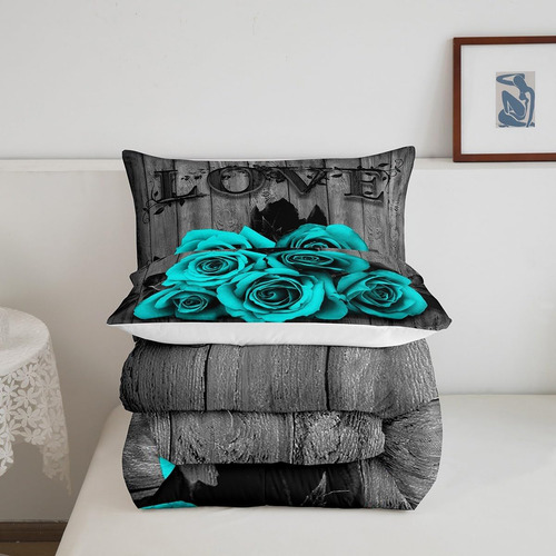 Juego De Ropa De Cama Gris Turquesa, Juego De Edredón Con Fl
