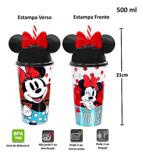 Copo Da Minnie Com Orelhas E Canudo Vermelho Kit 2 Unidades