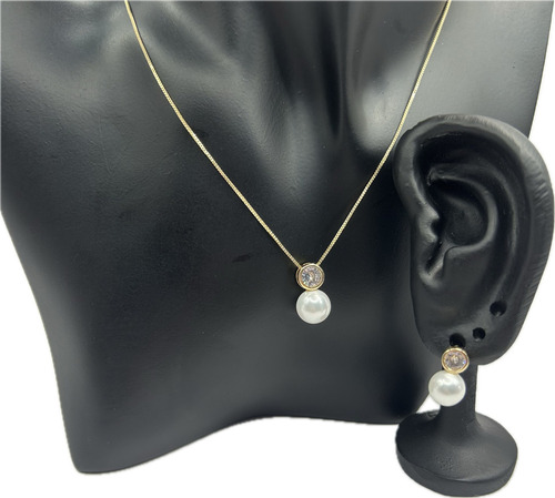 Conjunto Semijóia Colar Brinco Perola Com Zirconia