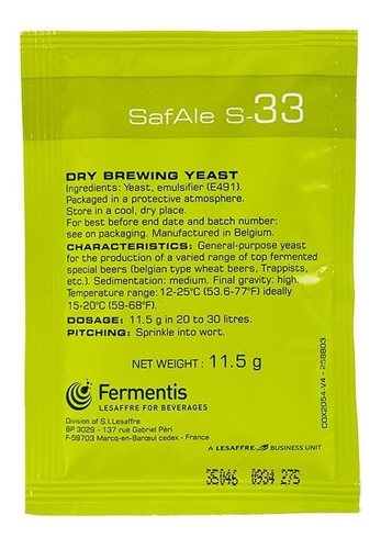 Imagen 1 de 3 de Levadura Fermentis 11,5 Safale S33 X 11,5 Gr