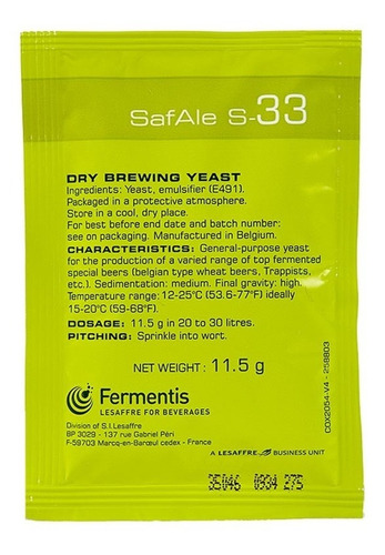 Levadura Fermentis 11,5 Safale S33 X 11,5 Gr