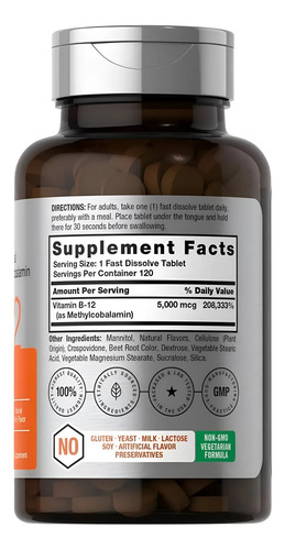 Vitamina B12 5,000 Mcg Metilcobalamina Sublingual 120 Cáps.